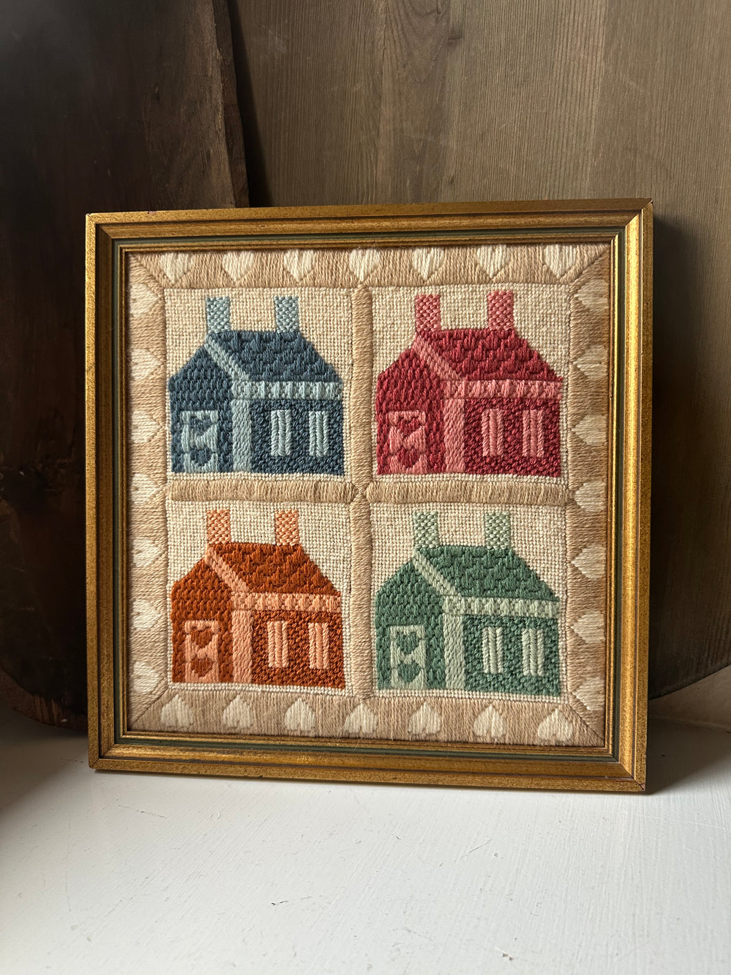 Framed Needlepoint Schoolhouse Sampler