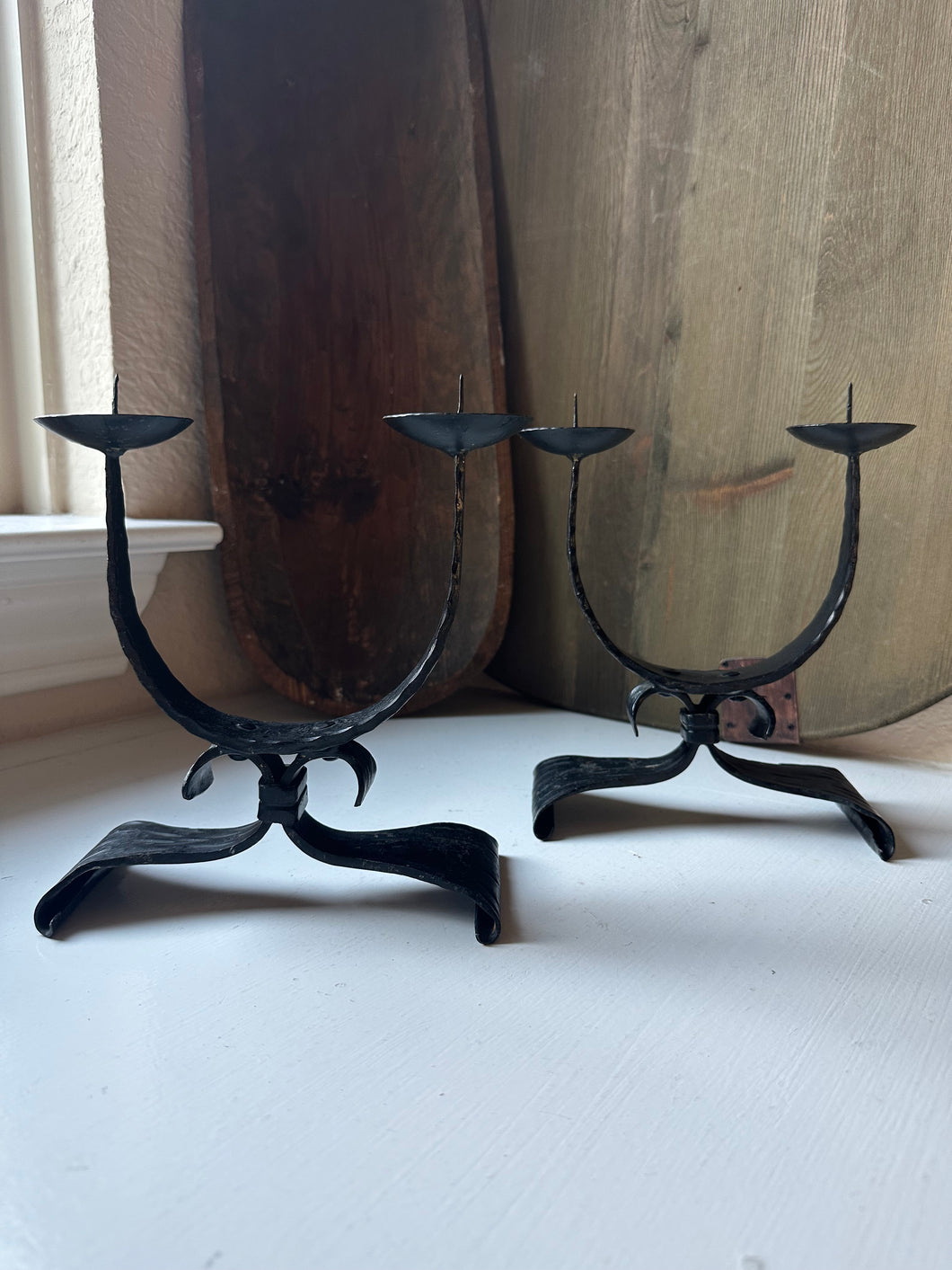 Austrian Hand Forged Iron Brutalist Candle Holders