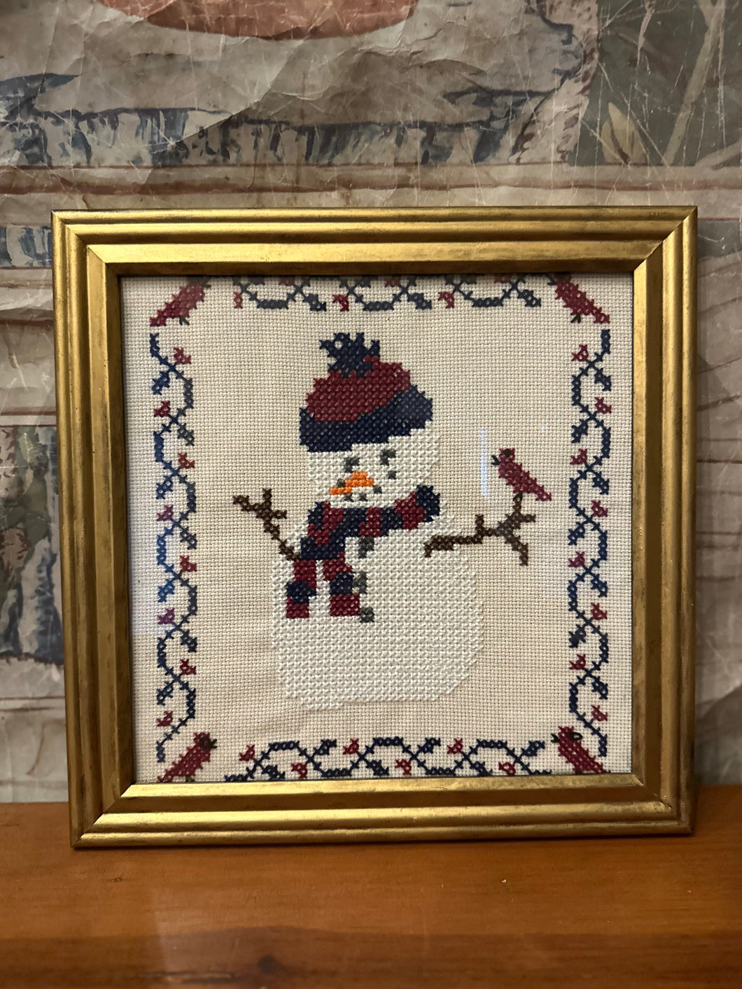Framed Cross Stitch Snowman With Cardinals