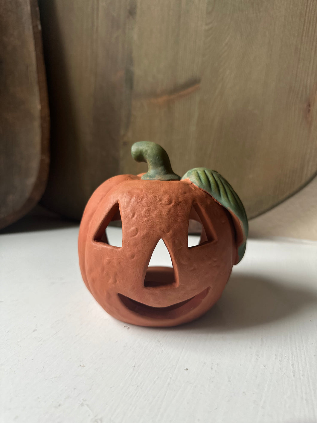Vintage Terra Cotta Jack O Lantern Votive Holder
