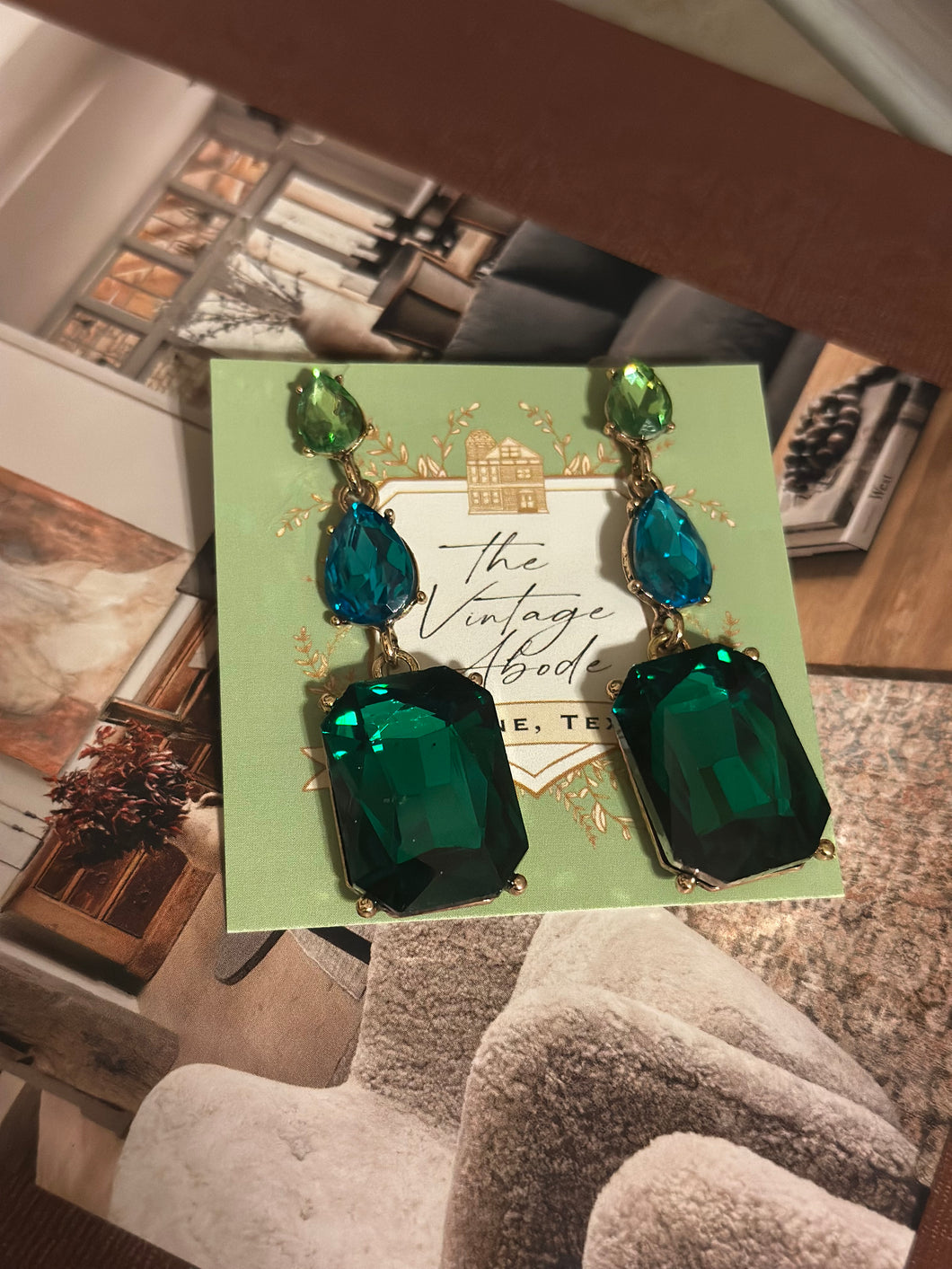 Blue & Green Crystal Tear Drop Earrings