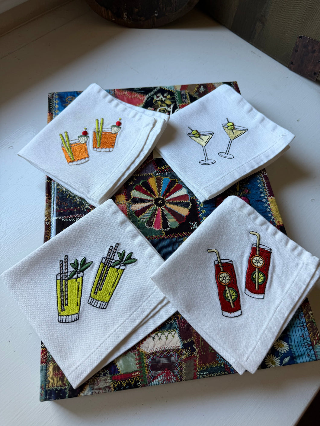 Embroidered Cocktail Glass Napkin Set