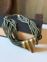 Load image into Gallery viewer, Vintage Multi Stranded Green Beaded Necklace with Brass Charm
